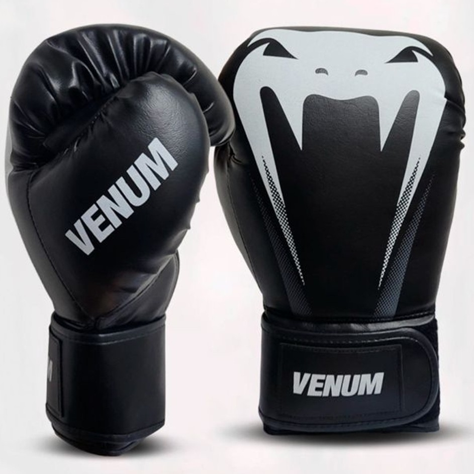 Luva de Boxe Venum Style Giant Full Logo Profissional Preto 100% Couro Sintético Boxe Artes Marciais