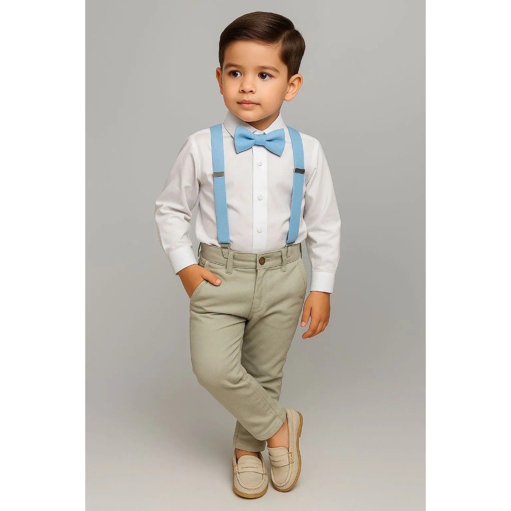Calça Nude Camisa Branca Gravata Suspensório Azul Claro Batizado Pajem Casamento Formatura Menino Infantil Social