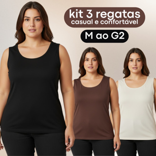 Blusa Regata Feminina Plus Size Kit 3 Peças Alça Larga Básica Ajustada Confortável Uso Diário em Oferta na Shopee