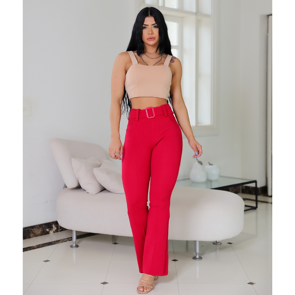 Calça Feminina Estilo Flare Linha Frontal Bolsos Frente