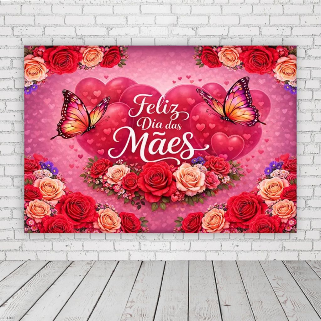 Painel de Festa Retangular Personalizado em Lona Fosca - Feliz Dia Das Mães Rosas Borboletas