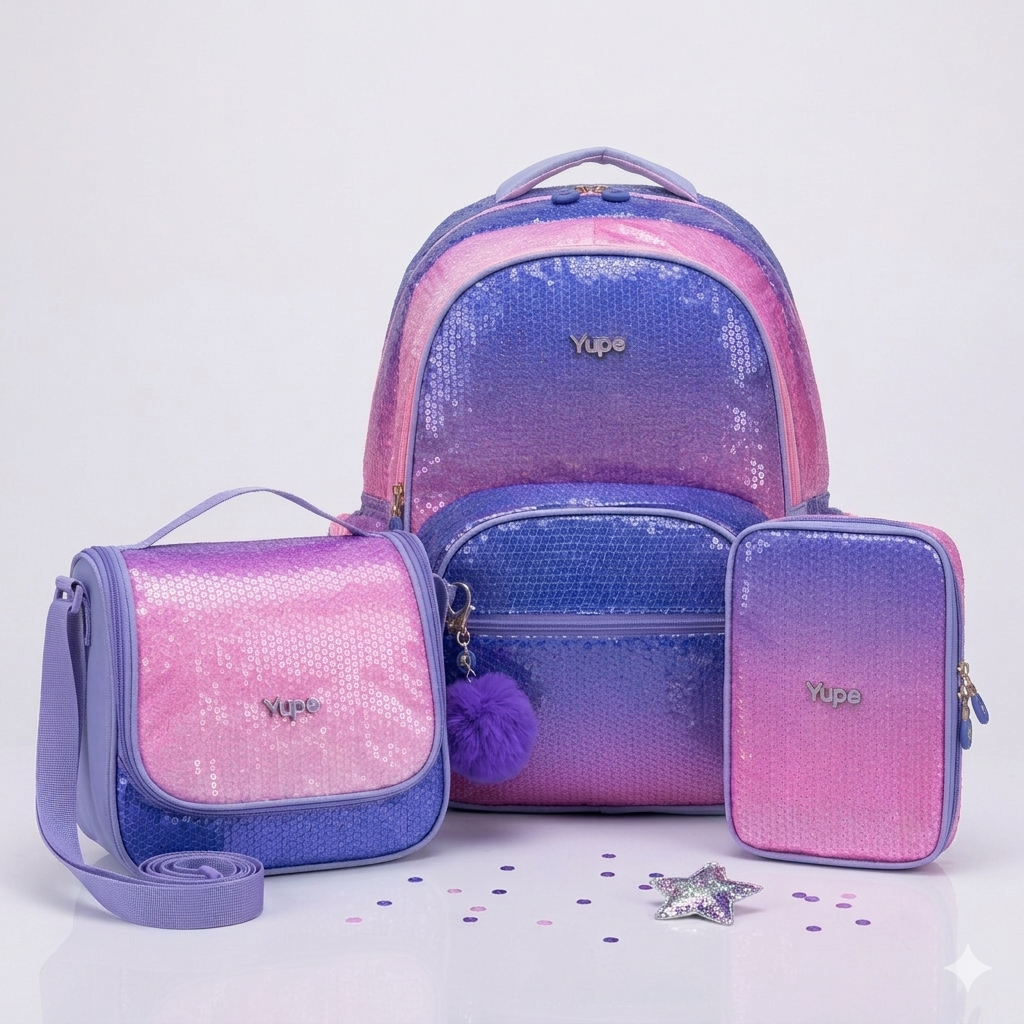 Kit Escolar Juvenil Feminino Lilás Yupe Reforçada Mochila Lancheira Estojo