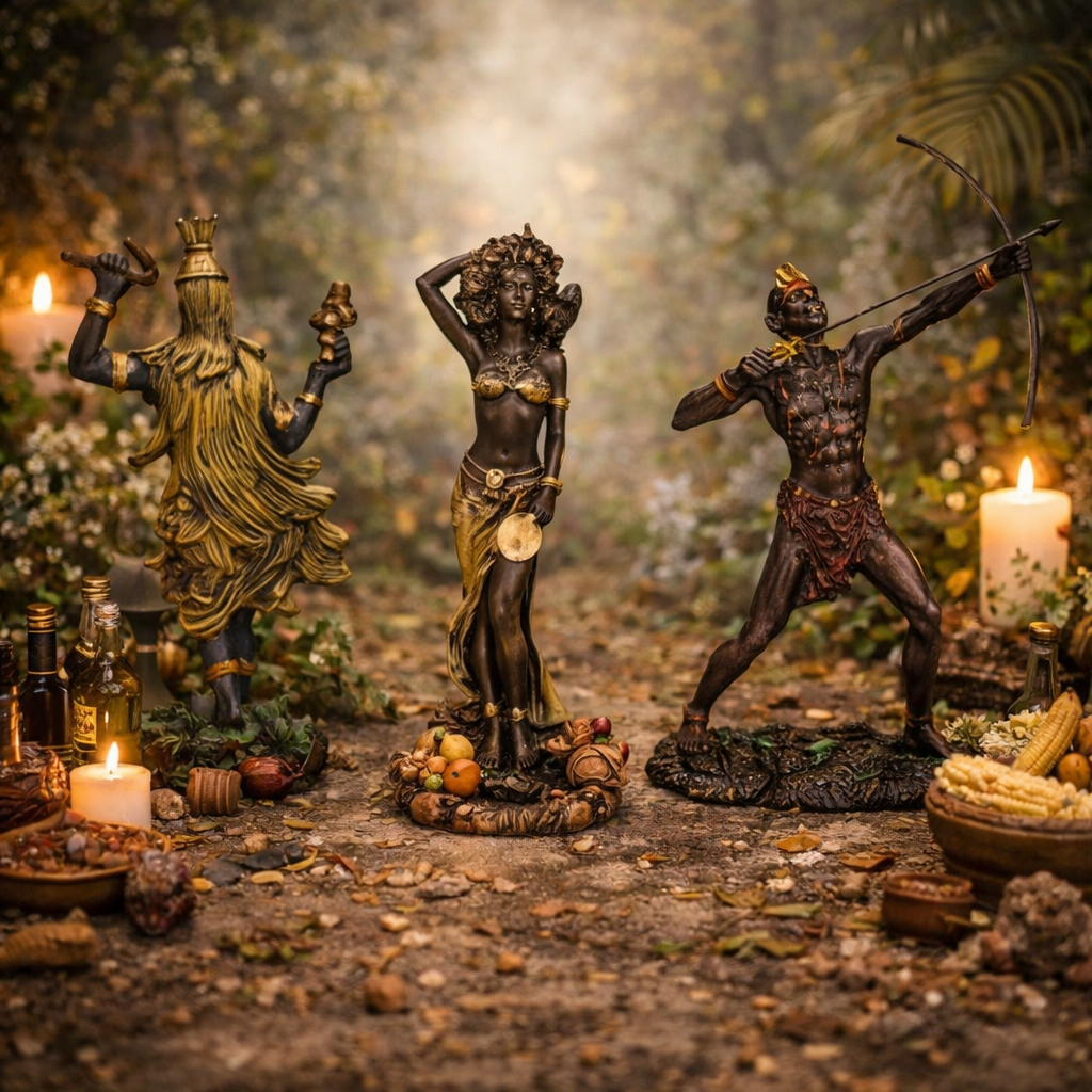 Kit Imagens Orixás Oxum Oxóssi Obaluaê em Resina Decorativa Umbanda
