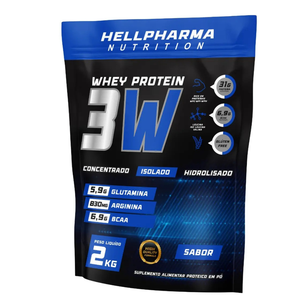 Whey Protein 3W Hellpharma 2kg - Sabores Chocolate Morango Cookies Leitinho