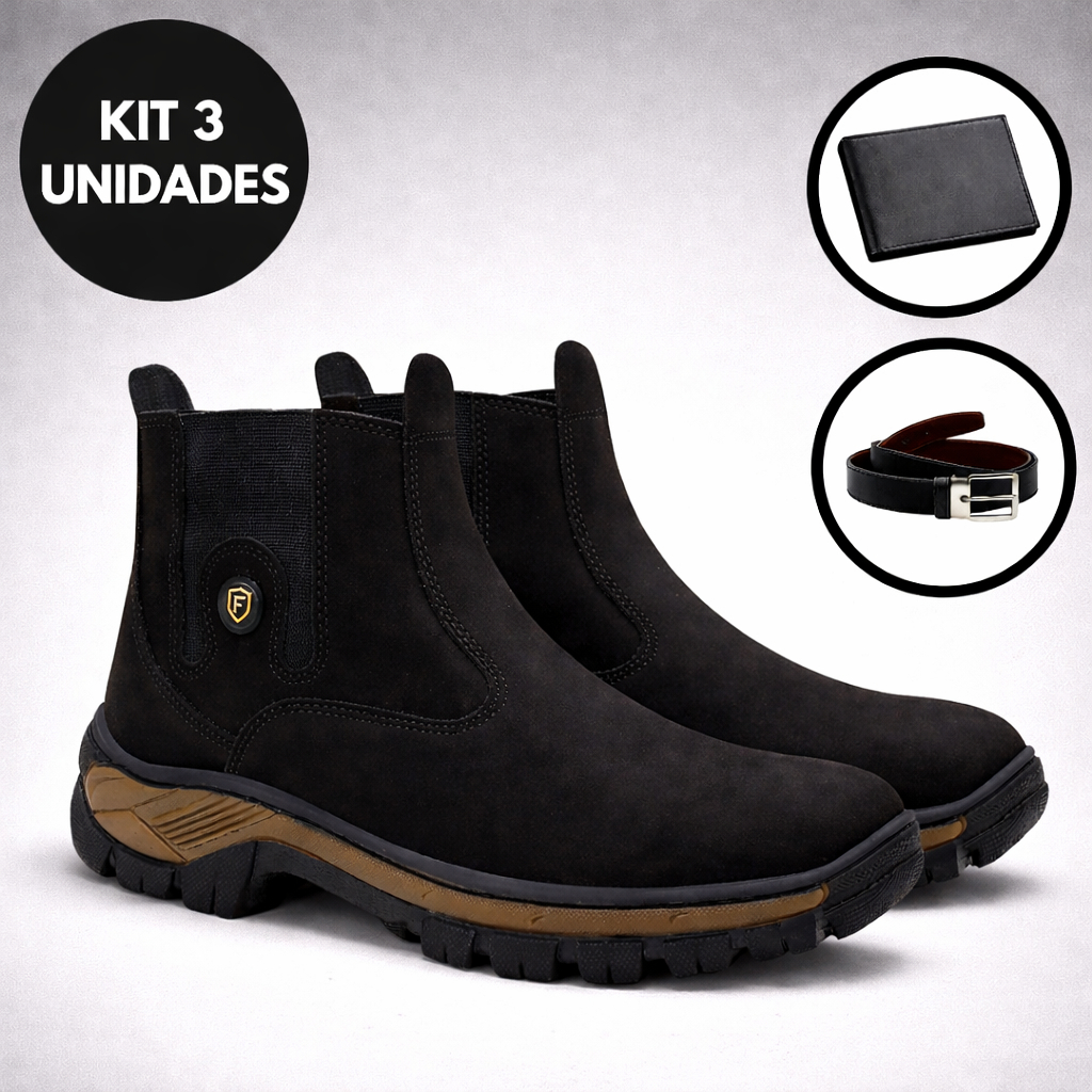 Bota Botina Masculina Flexen Couro Legítimo Passeio Trabalho Reforçada Workboot Kit Carteira e Cinto