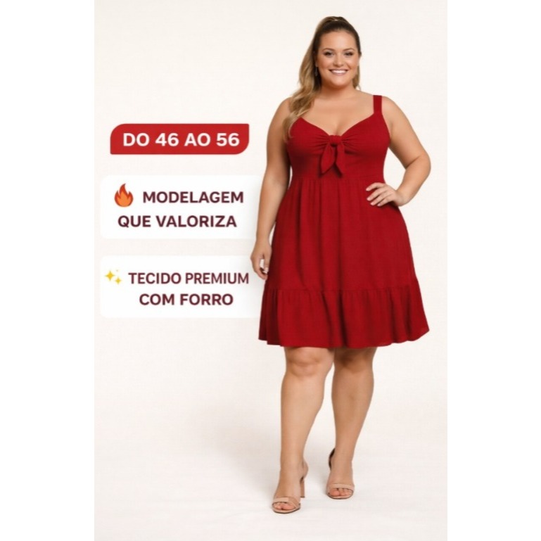 Vestido Feminino Plus Size Com Forro  Tecido Duna Vibrantes Vermelho Laranja Preto Terracota | Tam. 46 ao 56