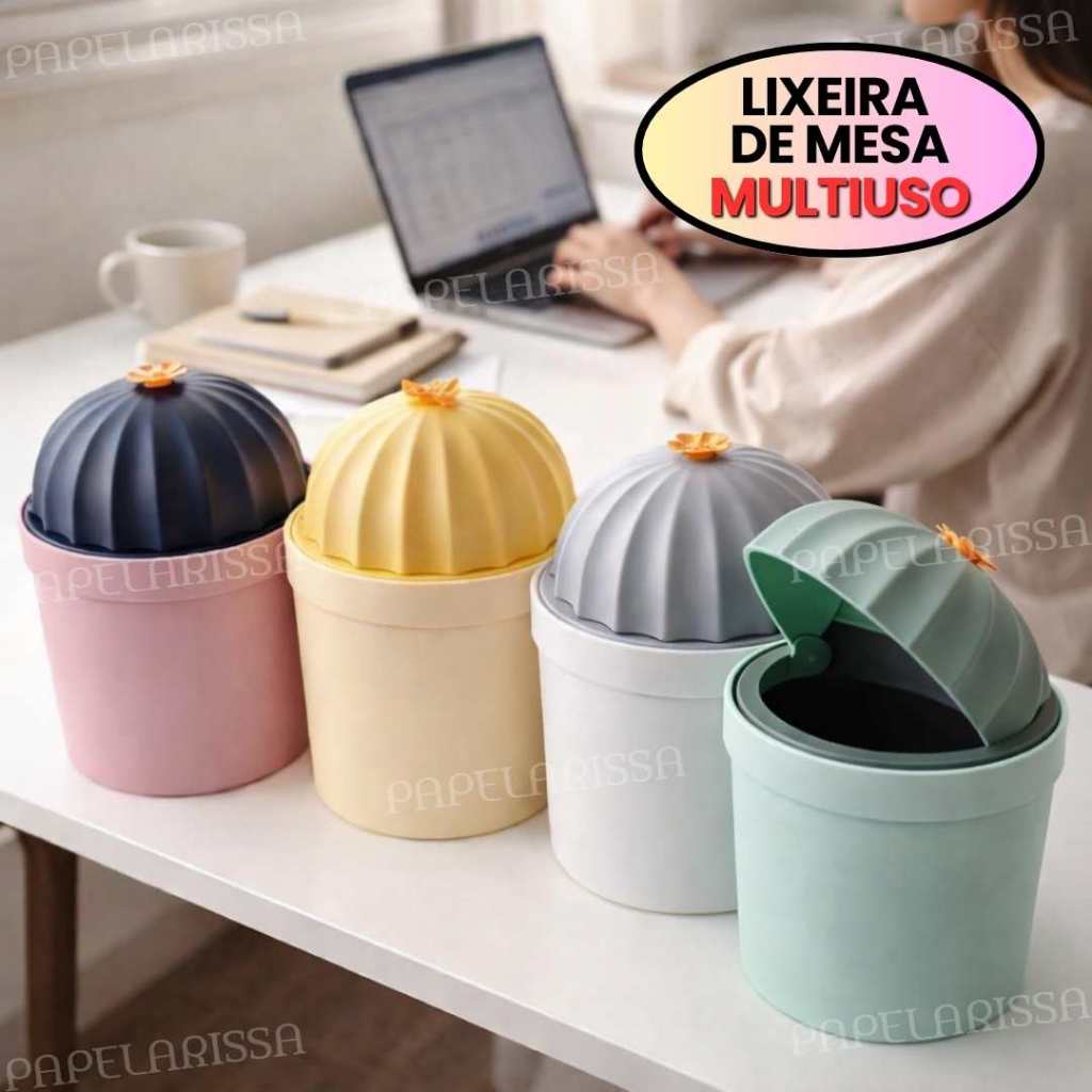Mini Lixeira de Mesa Multiuso com Tampa Organizadora Escritório Penteadeira Maquiagem Quarto Menina em Oferta na Shopee