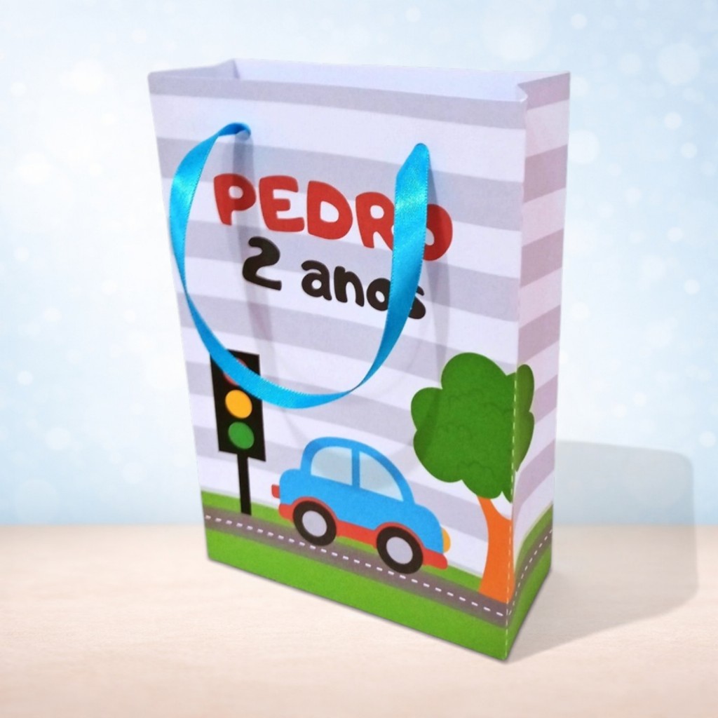 Sacolas Personalizadas 20x13,5cm Carrinho Trânsito Transportes Lembrancinha Aniversário Festa Infantil Fácil Montagem