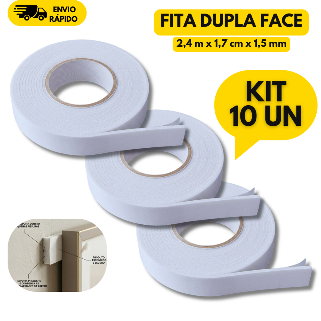 Kit 10 Fita Dupla Face Adesiva Banana Espuma Fixação Forte Decoração 2,4m x 1,7cm x 1,5mm
