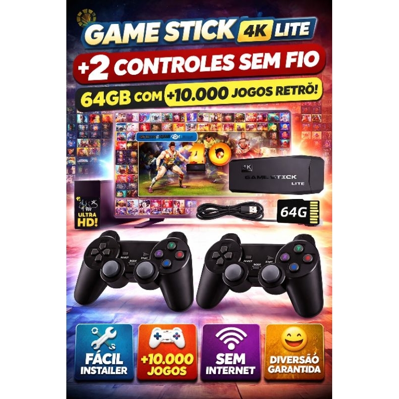 Game Stick 4K Lite + 2 Controles Sem Fio | 64GB com +10.000 Jogos Retrô | Plug & Play