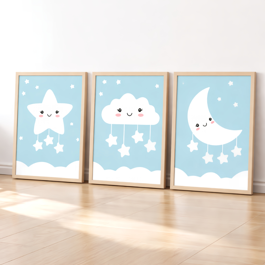 Quadro Decorativo Quarto Bebê Nuvem Lua Estrelinha Azul Menino Kit 3 Peças Masculino
