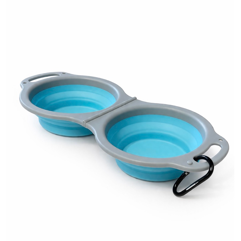 Comedouro Bebedouro Pet Dobrável Silicone Duplo Portátil Viagem com Mosquetão Cachorro e Gato