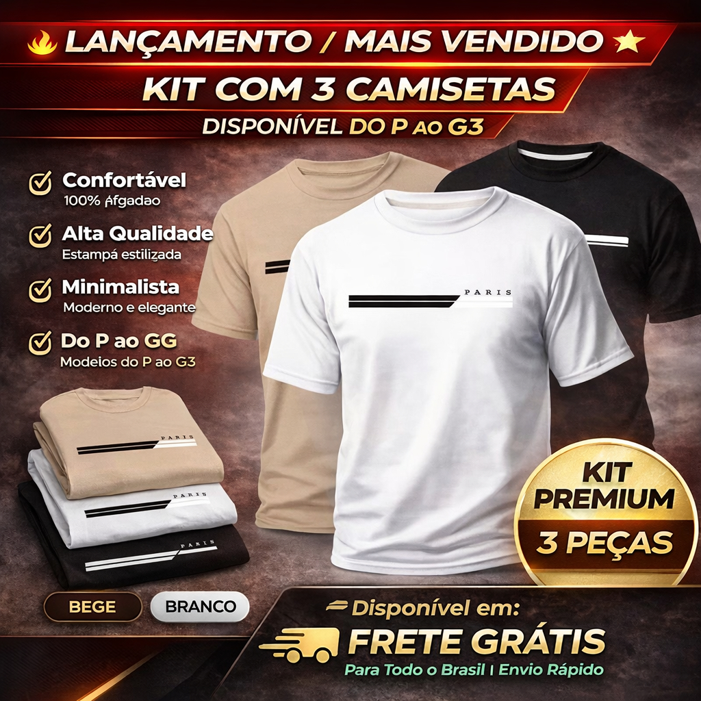 Kit 3 Camiseta Moda Masculina Paris Streetwear Casual | Promoção | Algodão 30.1 em Oferta na Shopee