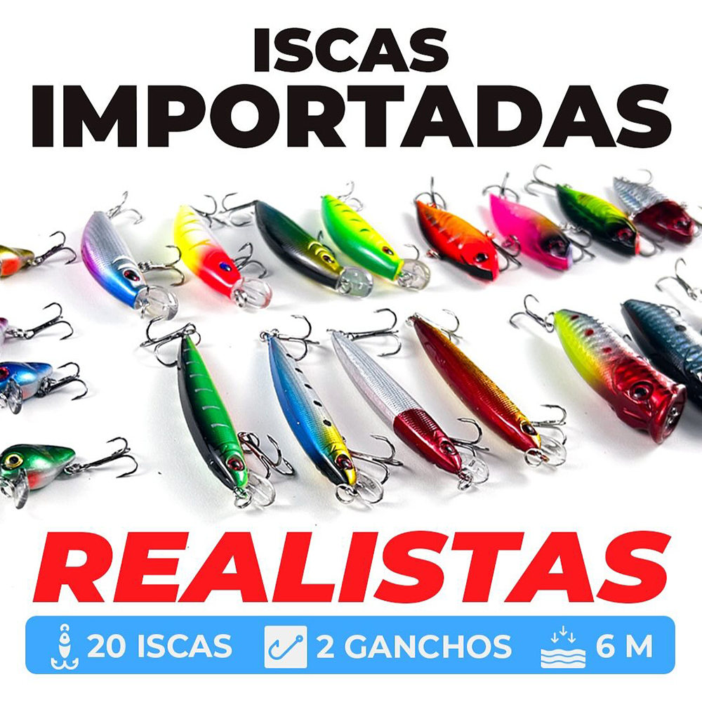 Kit 20 Iscas Artificiais Pesca Meia Água E Superfície Tucunaré Traíra Robalo Dourado (Tamanhos Mistos)