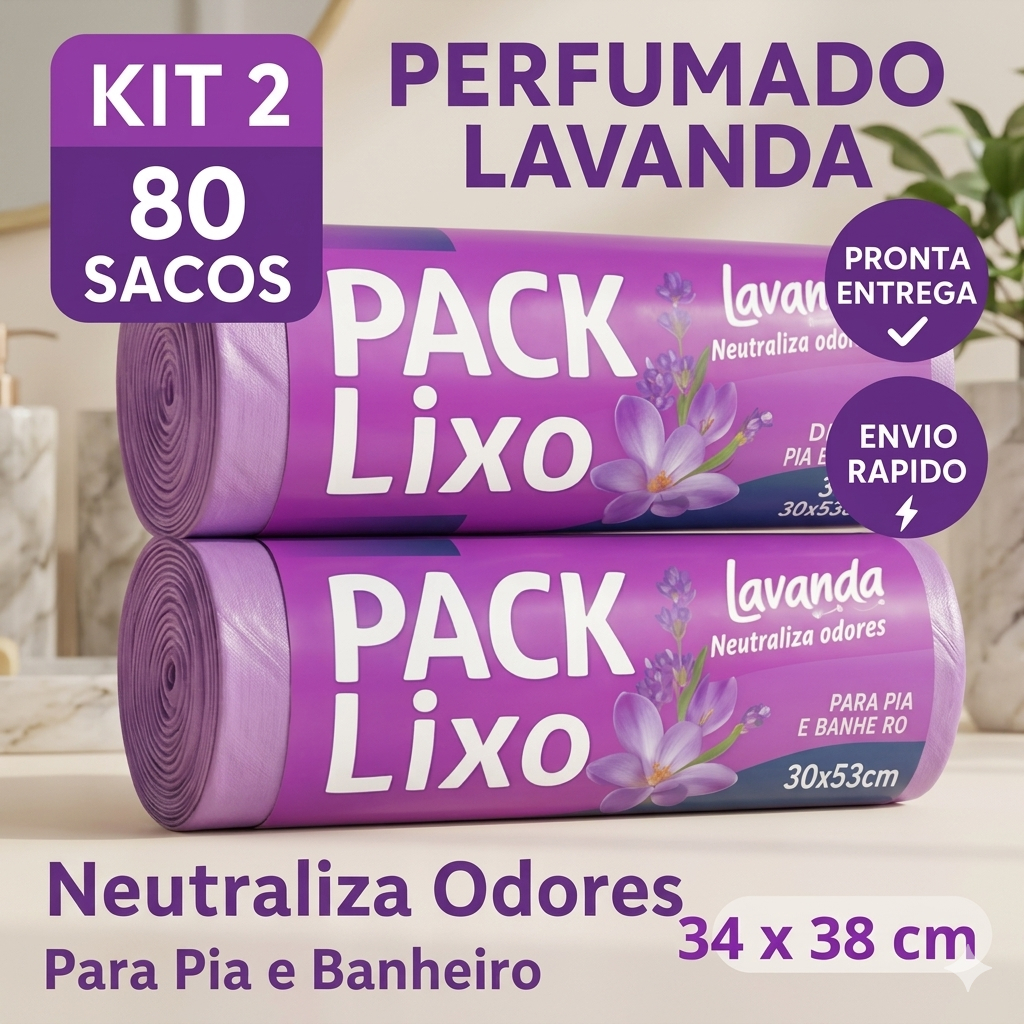 KIT 2 Sacos de Lixo Perfumado Lavanda 80 Unidades Neutraliza Odor Banheiro Pia 34x38cm em Oferta na Shopee
