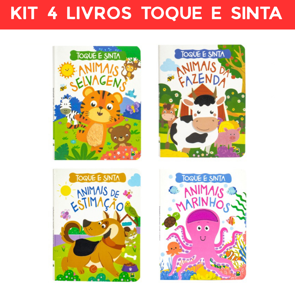 Kit 4 Livros Infantis Toque e Sinta - Estimação, Fazenda, Marinhos, Selvagens