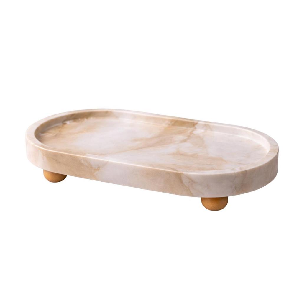 Bandeja Decorativa Oval com Pé Bege Marmorizada 17,5x9,2cm Porta Joias Sabonete Banheiro Resina