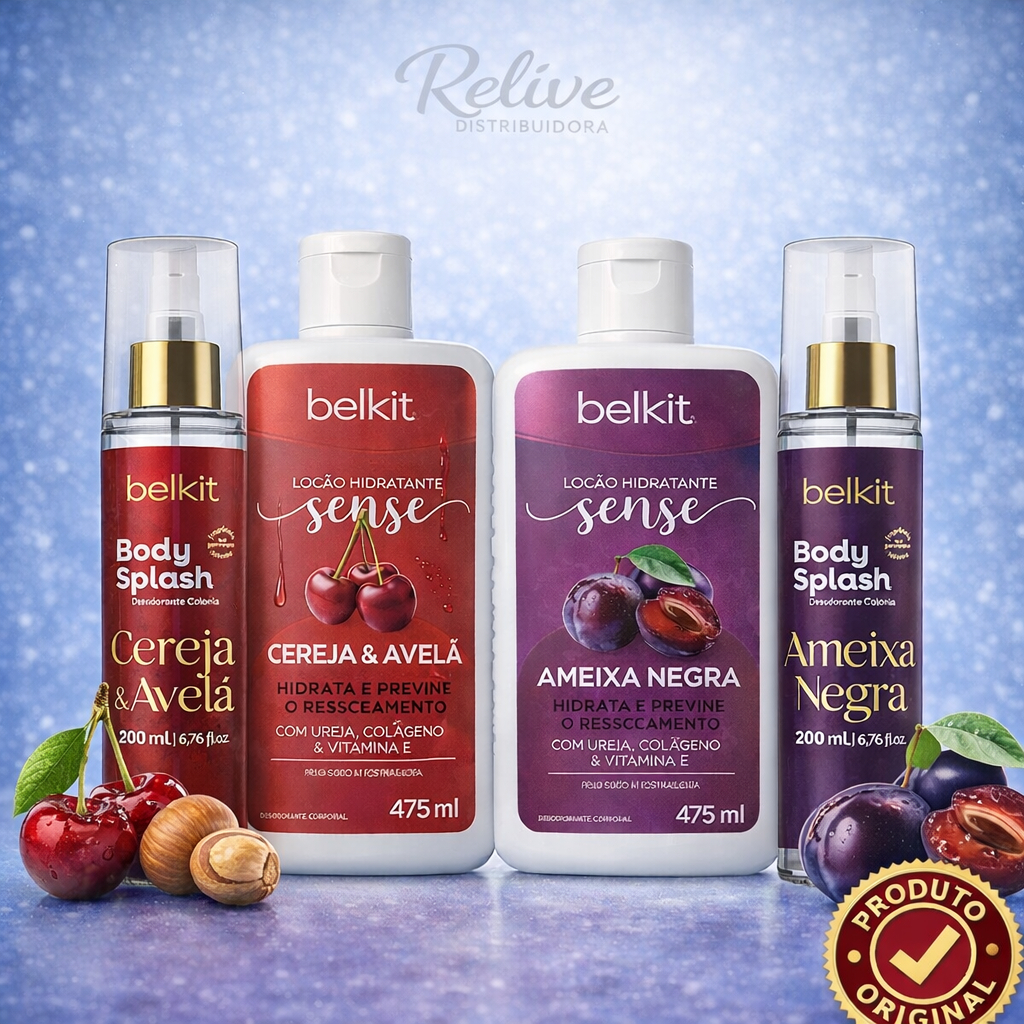 COMBO BELKIT Loção Hidratante + Body Splash - Ameixa Negra ou Cereja e Avelã Perfume Desodorante