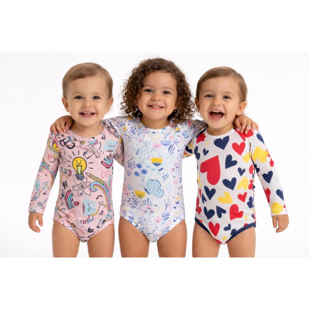 Kit Body Bebê 3 Peças Menina Estampada Manga Longa | Body Infantil Ribana Canelada Confortável