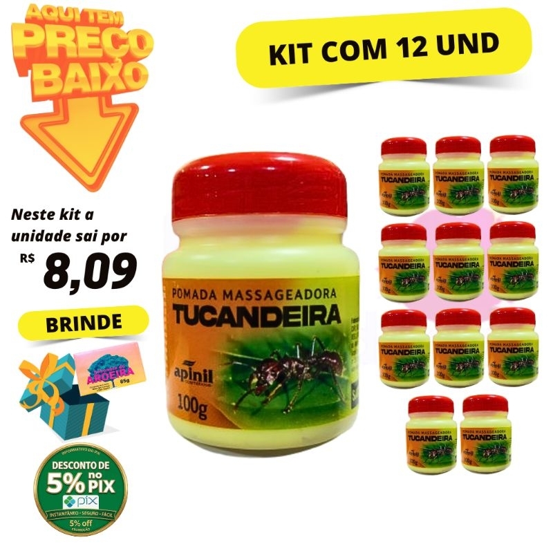 Kit com 12 Creme Pomada Massageadora Tucandeira Apinil 100g em Oferta na Shopee