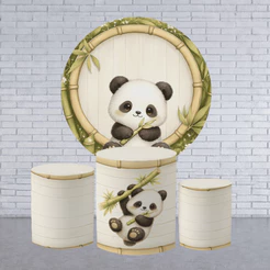 Capa Painel Redondo Panda Baby Bambu + Trio Cilindro Festa Infantil Decoração Completa Bibi Painéis