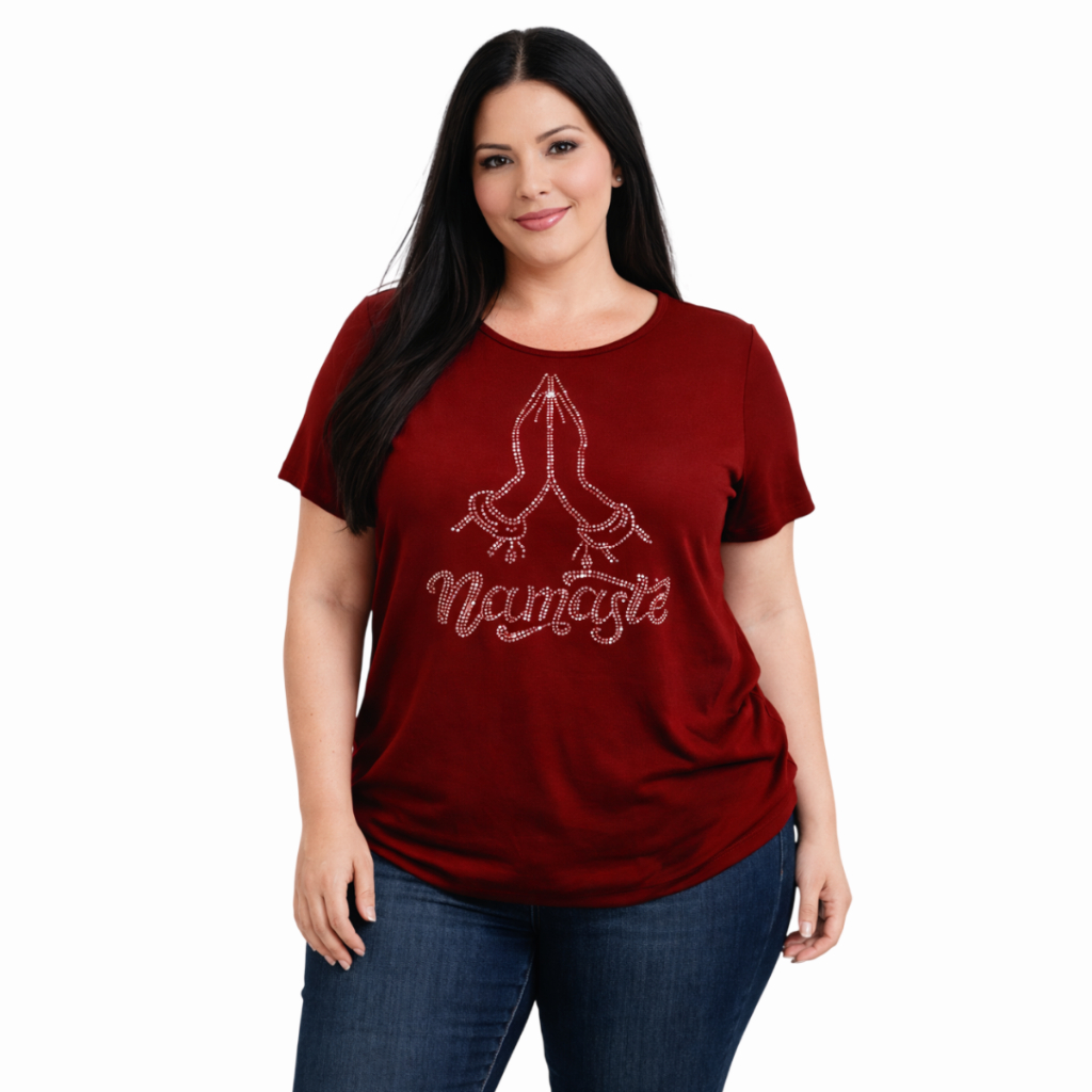 Blusa Plus Size Pedraria Namastê Tecido Viscolycra Camiseta Feminina Tamanhos Plus Size MALHAS ITA