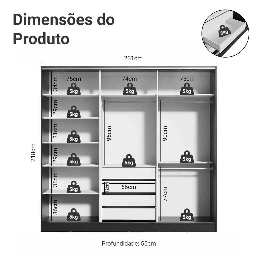 Guarda Roupa Casal 100% MDF 3 Portas de Correr com Espelho Preto Madesa Royale · foto 2