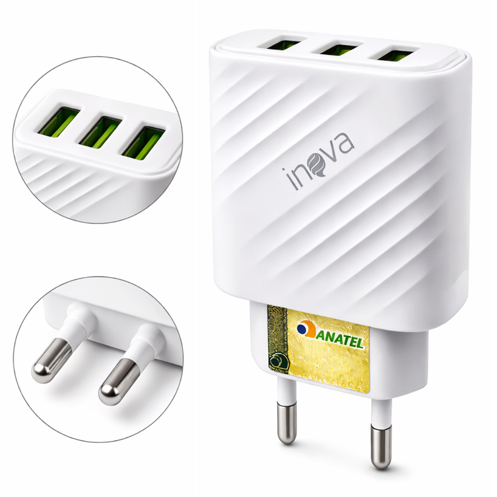 Fonte Carregador USB 5.1A Carga Rápida 3 Portas Universal Bivolt Inova em Oferta na Shopee