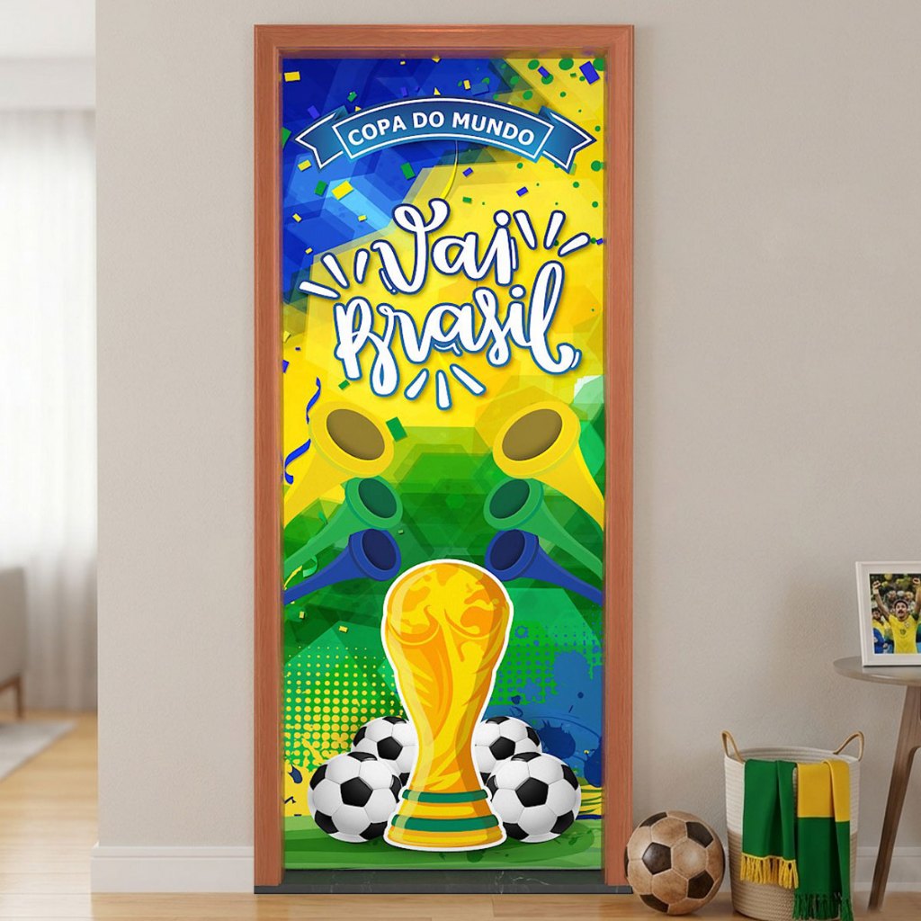 Capa de Porta Copa Futebol Decoração Brasil Em Tecido 0,80x2,10m Veste Fácil Sublimado