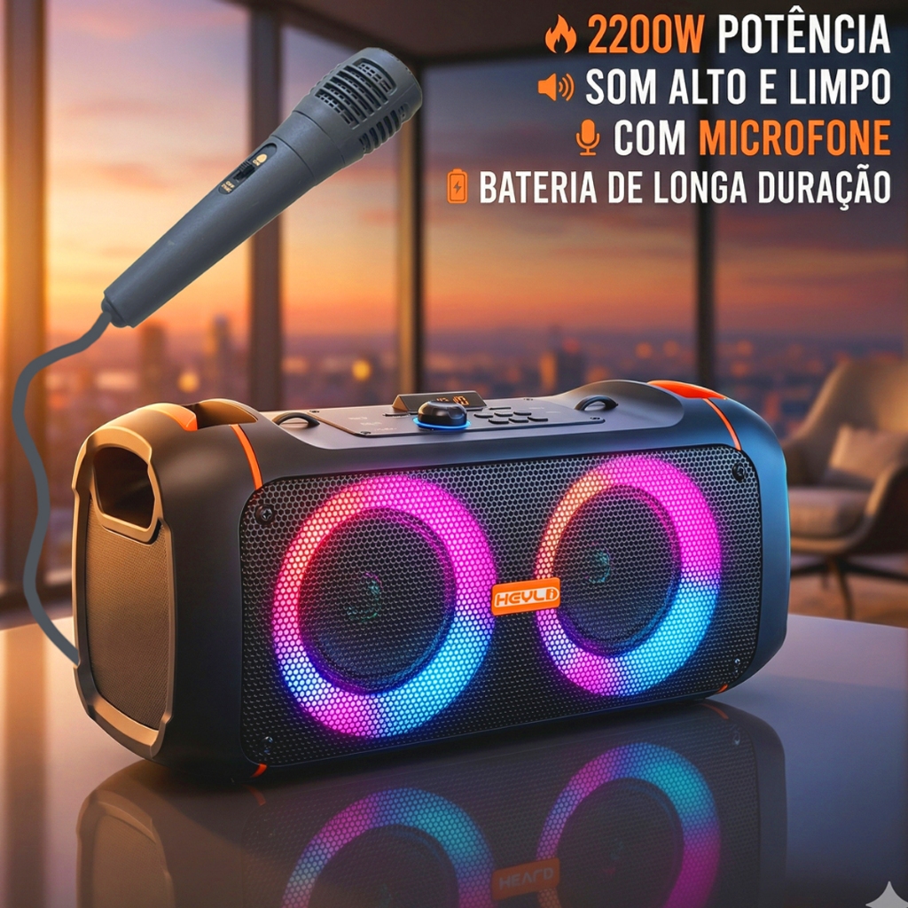 Caixa de Som Bluetooth Portátil Potente LED PMPO 2200W com Microfone/Controle Remoto Bateria em Oferta na Shopee