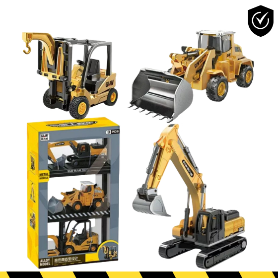 Kit 3 Veículos Construção Metal Escavadeira Pá Carregadeira Empilhadeira Coleção
