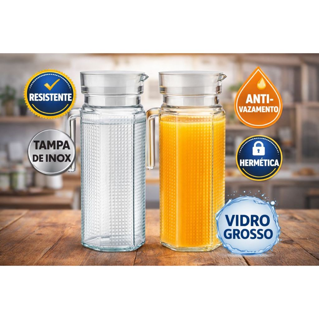 Kit 2 Garrafas Vidro 1,1 Litro Vidro Grosso Resistente com Tampa Jarra para Suco e Água