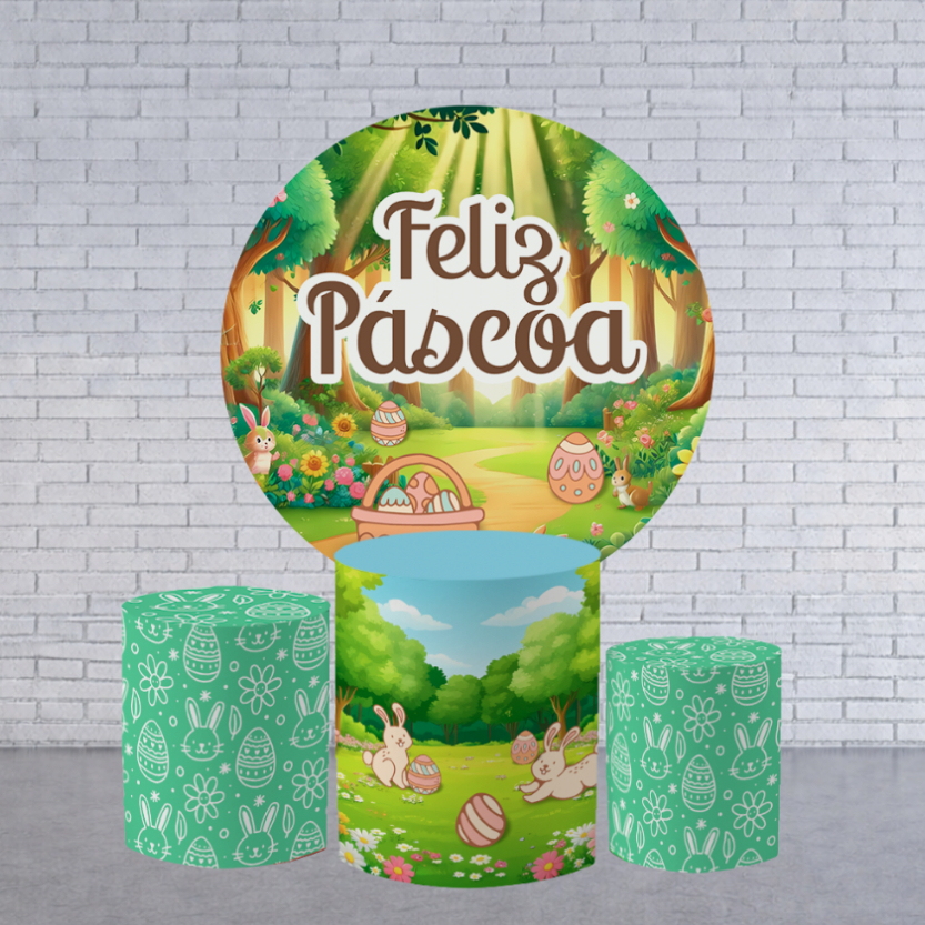 Capa Painel Redondo Feliz Páscoa +  Trio Cilindro Decoração Festa Tema Coelhinho Alta Qualidade Bibi