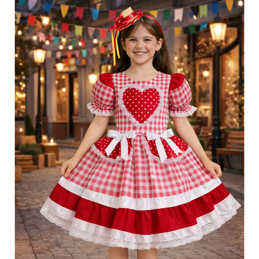 Vestido Festa Junina Vermelho Preto Menina Quadrilha Rodado Caipira Luxo São João 2026 + Tiara