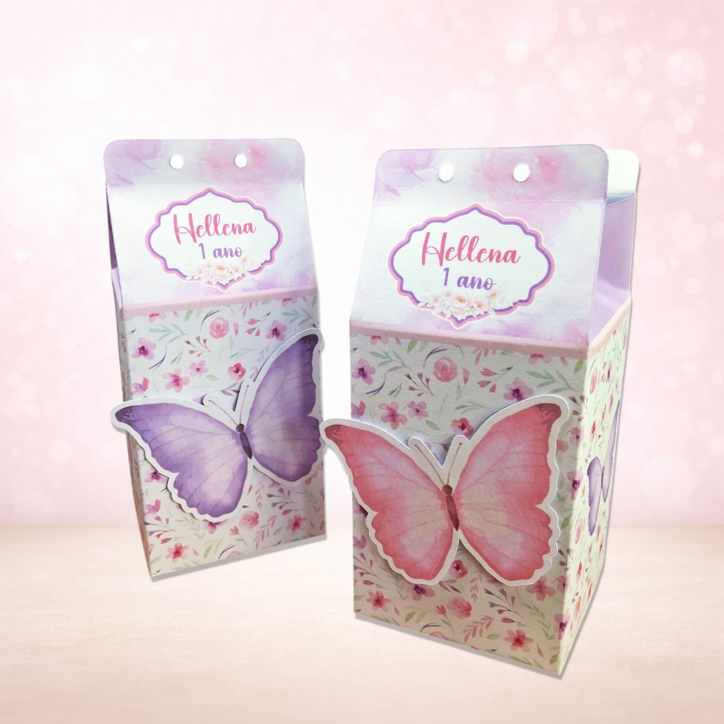 Caixas Milk 3D Personalizadas Borboletas Aquarela Jardim Lembrancinha Aniversário Festa Infantil Fácil Montagem