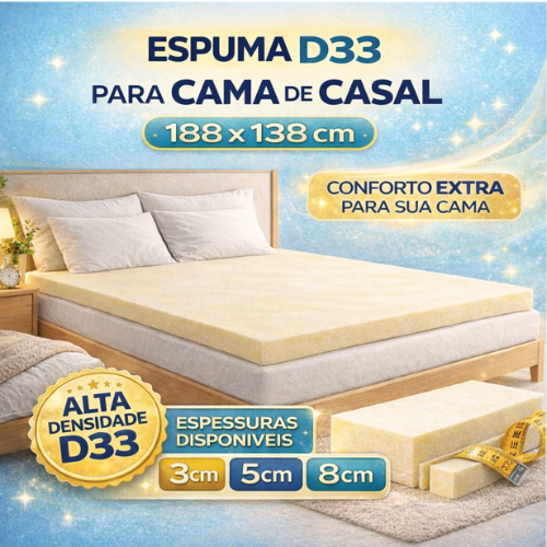Espuma D33 para Cama Casal 188x138 cm – Alturas 3, 5 ou 8cm – Camada de Conforto Extra, Firmeza, Suporte Para Colchão