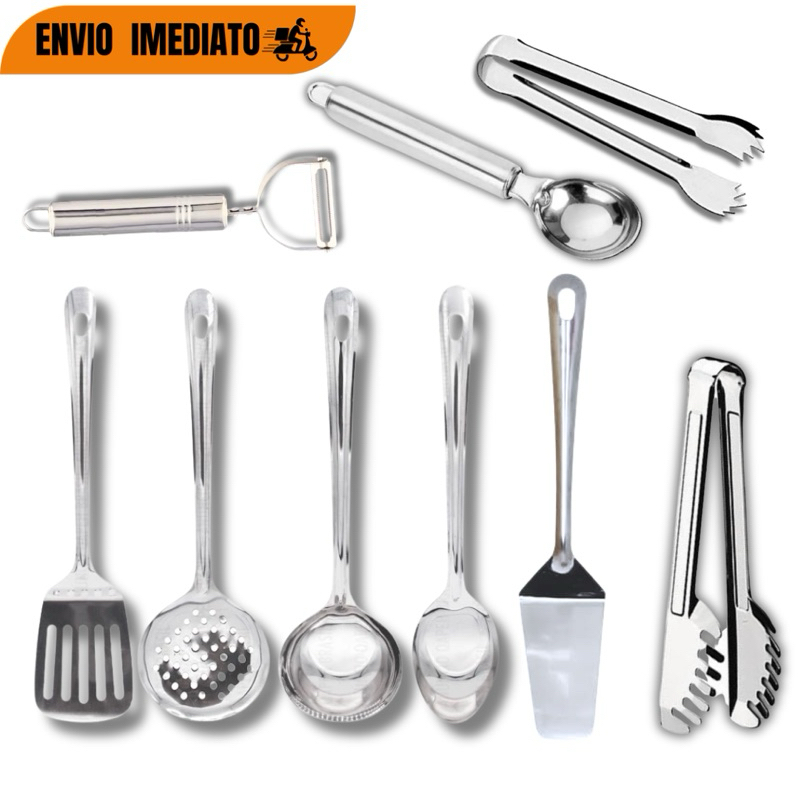 Kit Utensílios de Cozinha Inox 9 Peças Completo Colher Concha Espátulas Pegadores Descascador Kit Casa Nova Cozinha