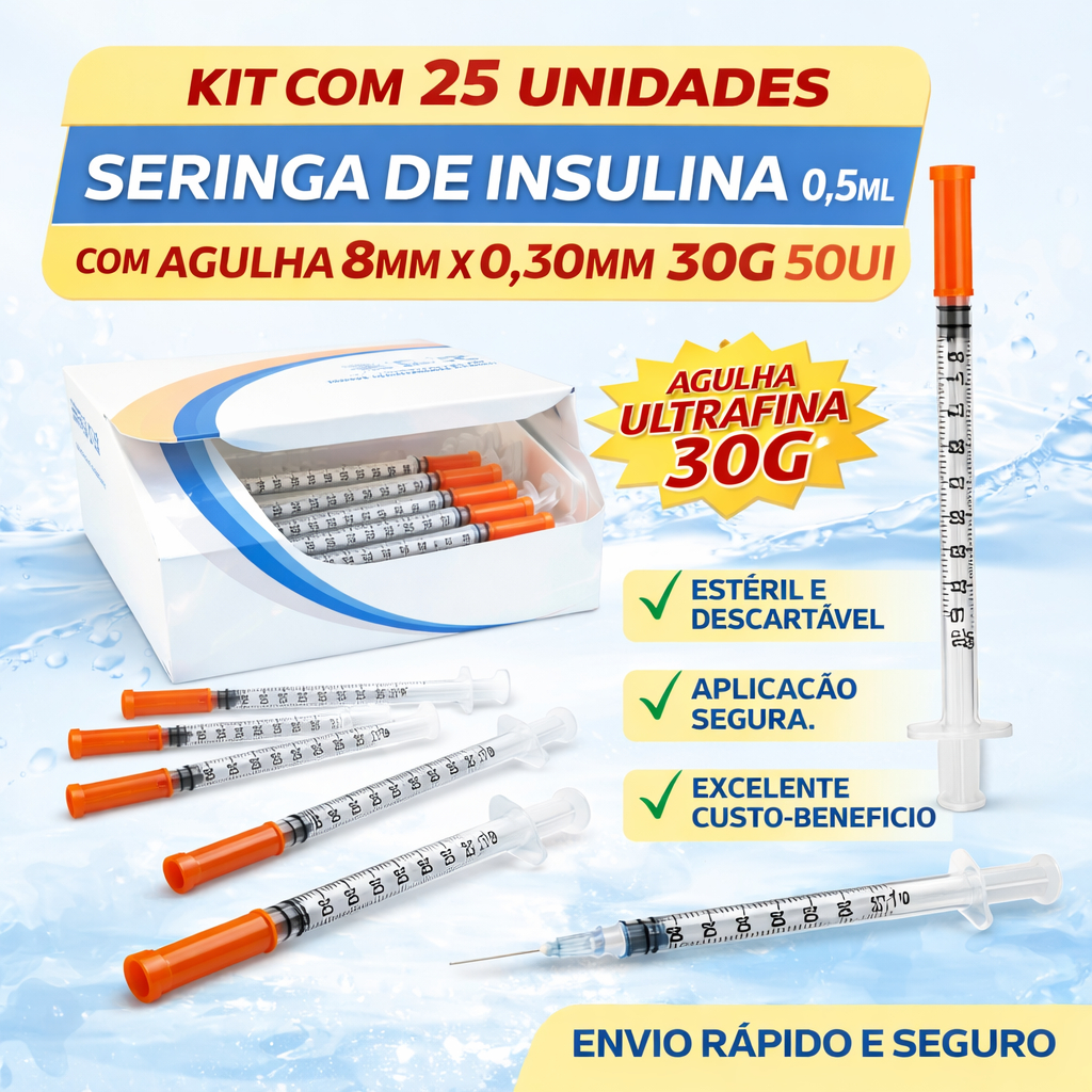 25 Unidades De Seringa Insulina 0,5mL 8mm 30mm 30G Agulha Ultra Fina Estéril Sem Látex