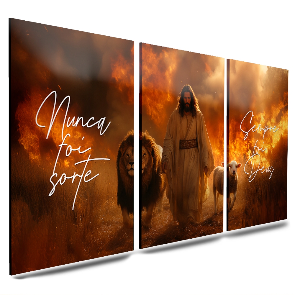 Quadro Decorativo Tríptico Jesus com Leão e Cordeiro – Nunca Foi Sorte Sempre Foi Deus Art Religiosa