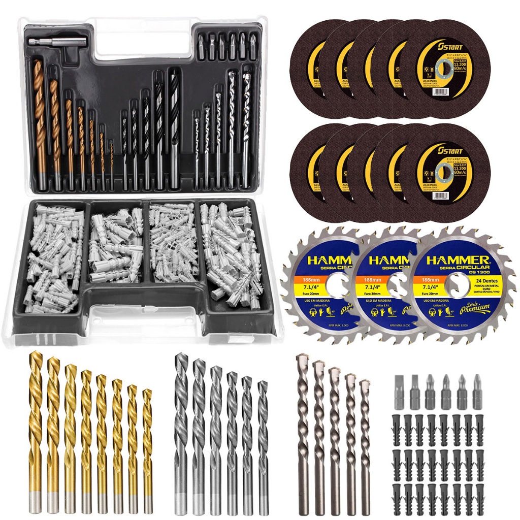 Kit Maleta 300 Pçs Bits Brocas E Buchas + Disco Serra Para Madeira 7.1/4" E 10 Discos De Corte Fino 4.1/2"