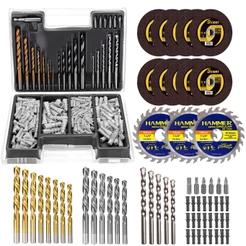 Kit Maleta 300 Pçs Bits Brocas E Buchas + Disco Serra Para Madeira 7.1/4" E 10 Discos De Corte Fino 4.1/2"