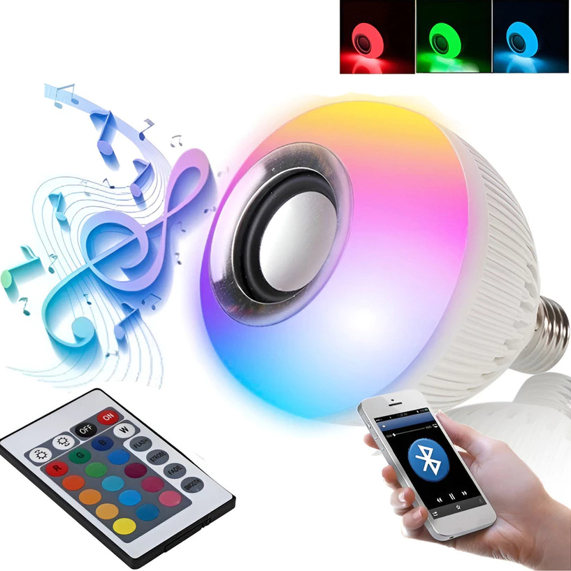 Lâmpada LED RGB Caixa de Som Bluetooth 12W com Controle Remoto