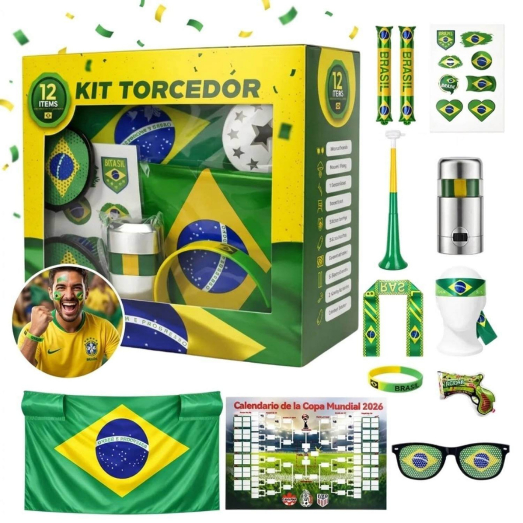 Kit Torcedor Brasil Copa 2026 Completo Bandeira Corneta Festa Torcida Seleção Brasileira