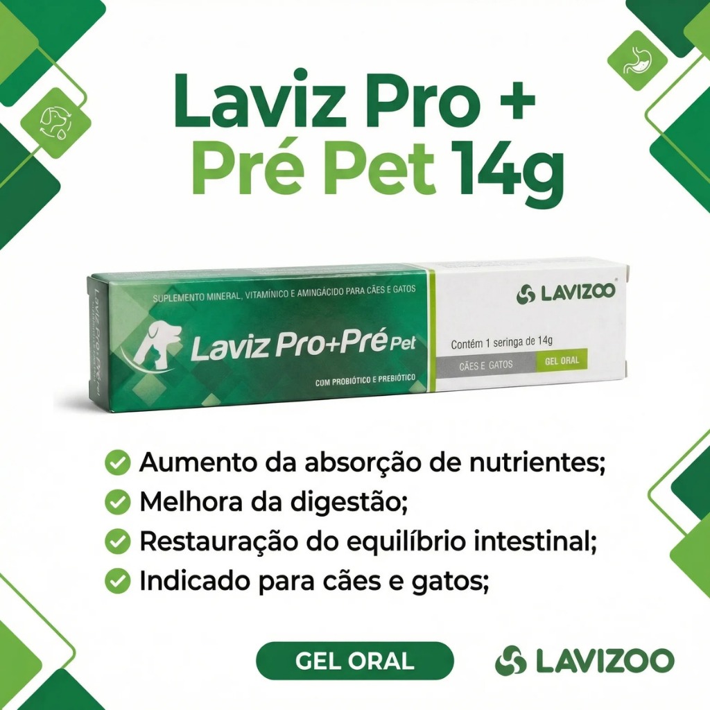 Probiótico para Diarreia em Cães e Gatos Laviz Pro+Pre 14g | Saúde Intestinal e Imunidade Pet