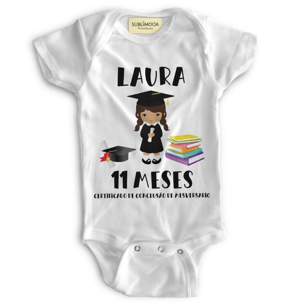 🎓 Body Bebê Personalizado - Conclusão de Mesversário - Poliéster + Elastano - Estica! 👶✨