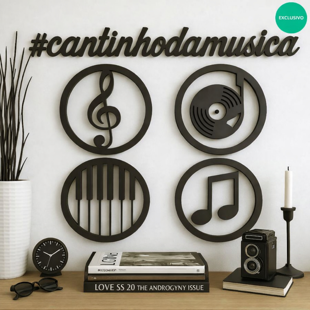 Kit 4 Quadros Musica Clave de Sol Teclado Piano Disco de Vinil Decorativo Parede Decoração Cabeceira