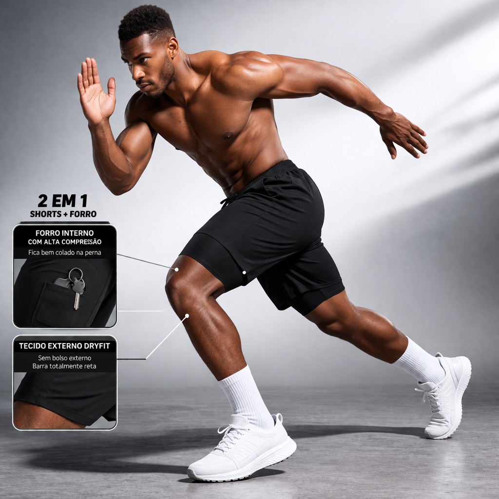 Short Dry Duplo 2 em 1 Bermuda Academia Masculino Corrida Treino Com Elastano Fitness