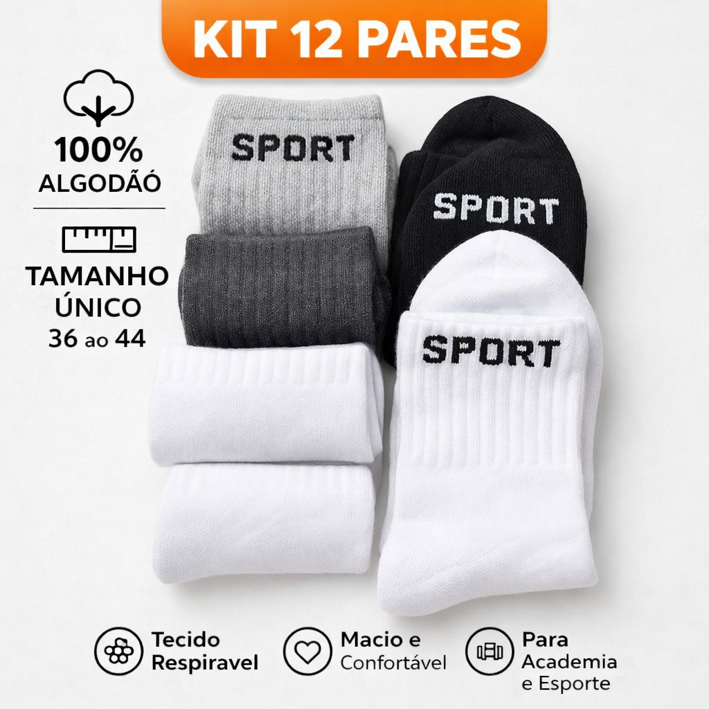 12 Pares Meias Algodão Cano Alto Esportiva Unissex Confortável Academia Corrida Dia a Dia 36-44