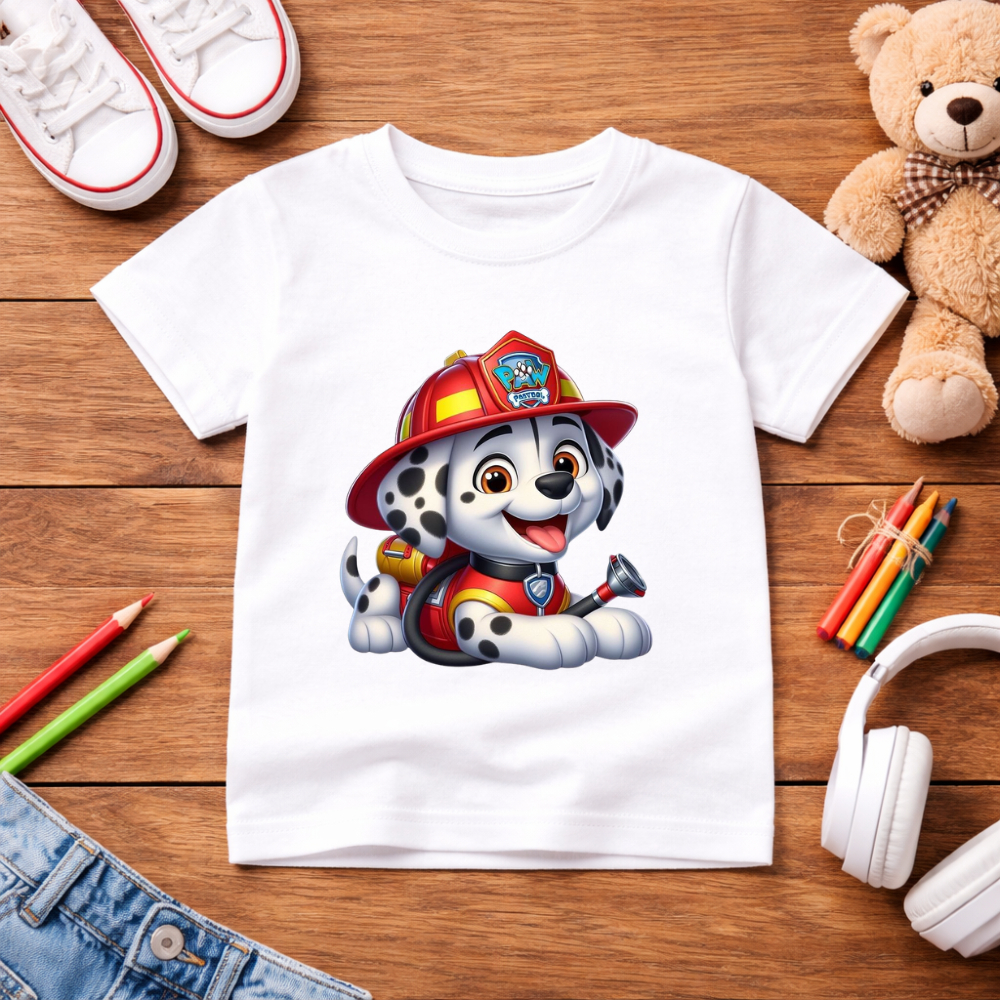 Camisa camiseta infantil canina fofo bombeiro 100% algodão patrulha cachorrinho