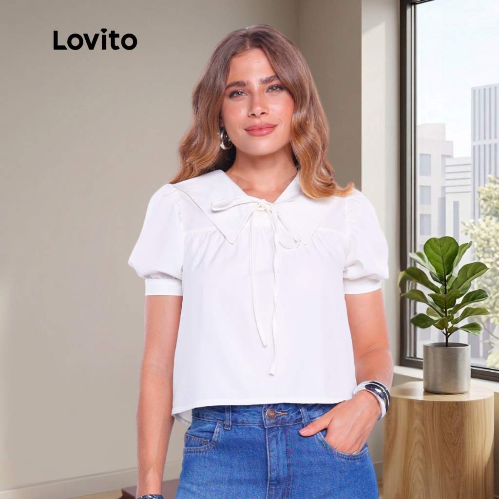 Lovito Blusa Preppy Feminina Gola Grande Moda Babados Laço BLB985BRL1015